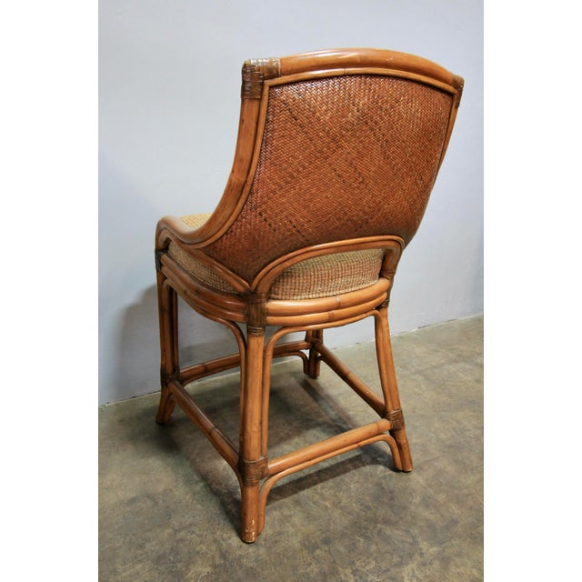Wood Pair Vintage Coastal Woven Rattan Stools With New Upholstered Cushions For Sale - Image 7 of 7
