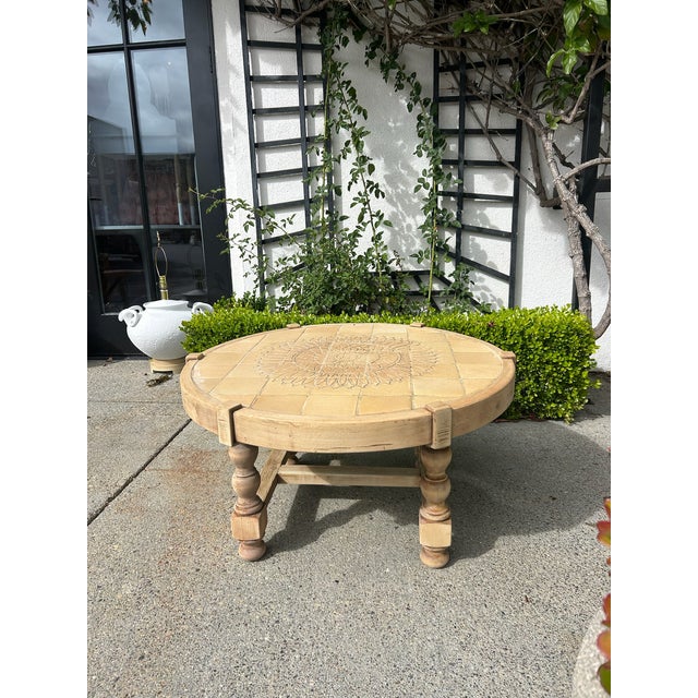 Vintage Round Carved Wood Coffee Table With Tiled Inlay Top For Sale - Image 11 of 16