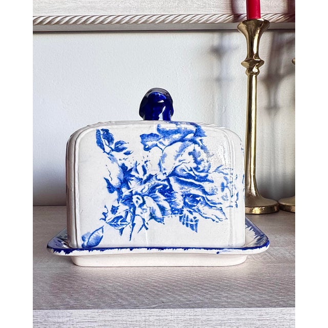 Antique Staffordshire Ironstone Blue Rose Floral Lidded Cheese Keeper Dome For Sale - Image 11 of 12