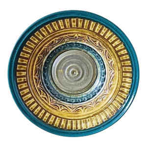 Late 20th Century Tom Wallick Studios Hand Thrown and Decorated Pottery Large Charger Plate Bowl in Green and Ochre