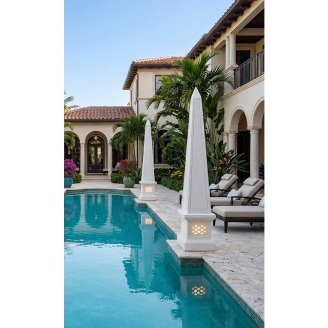 Pair of Grand Classical Cast Stone Garden Obelisks on Lattice Plinths For Sale - Image 11 of 11