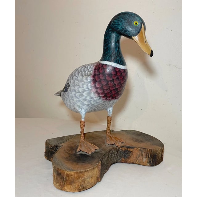 Vintage Lifesize Hand Carved Wood Folk Art Mallard Duck Decoy Sculpture Statue For Sale - Image 16 of 16