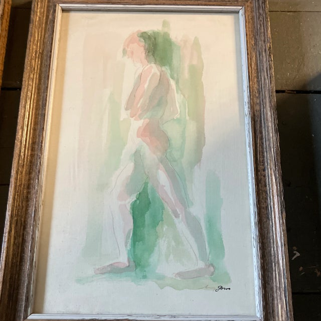 Figurative 1950’s 2 Vintage Original Abstract Expressionist Female Nude Watercolor Paintings Signed Original Vintage Frames-a Pair For Sale - Image 3 of 8