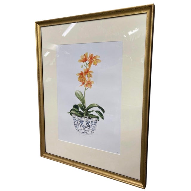 Vintage Framed Botanical Art Print: Orange Orchid in Chinoiserie Porcelain Planter For Sale - Image 4 of 12