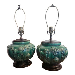 Pair of Antique Jade and Emerald Green Chinese Majolica Ceramic Lamps For Sale
