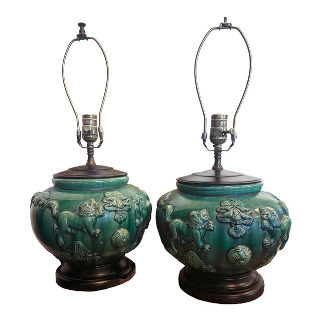 Pair of Antique Jade and Emerald Green Chinese Majolica Ceramic Lamps For Sale