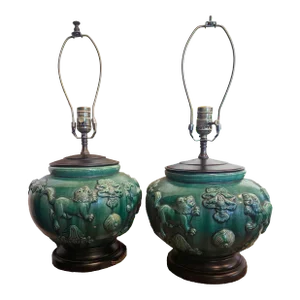Pair of Antique Jade and Emerald Green Chinese Majolica Ceramic Lamps