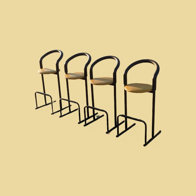 Light Yellow Set of Five 1980s Amisco Postmodern Tubular Steel and Yellow Leather Barstools For Sale - Image 8 of 18