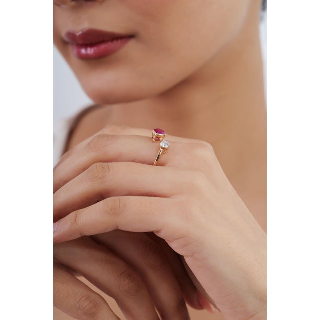 Not Yet Made - Made To Order Pear Cut 1.45ct Ruby Diamond Open Face Modern 14k Gold Ring Size 9 For Sale - Image 5 of 18