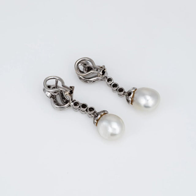 Mid-Century Modern Mid Century Baroque Pearl Diamond Earrings 14k White Gold 1.5" Drops - 2 Pieces For Sale - Image 3 of 3