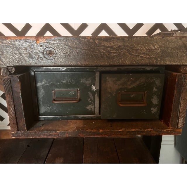 Industrial Vintage Wooden Workbench Tool & Task Table, 2 Drawers For Sale - Image 3 of 8