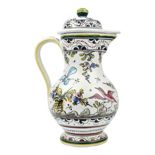 Mid 20th Century Hand-Painted Ceramic Coffee/Tea Pot Pitcher With Colorful Birds and Floral Design Portugal For Sale