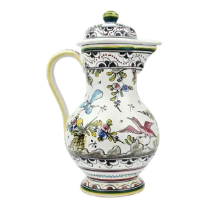 Mid 20th Century Hand-Painted Ceramic Coffee/Tea Pot Pitcher With Colorful Birds and Floral Design Portugal