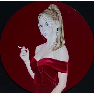 Lady in Red by Suzy Smith | Oil Painting of a woman in a red dress holding a cigarette For Sale