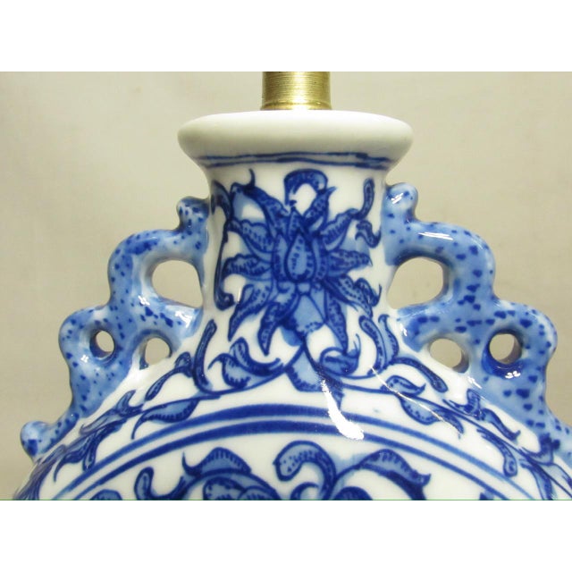 Pair of Chinese Blue and White Porcelain Moon Flask Shaped Lamps For Sale - Image 13 of 15