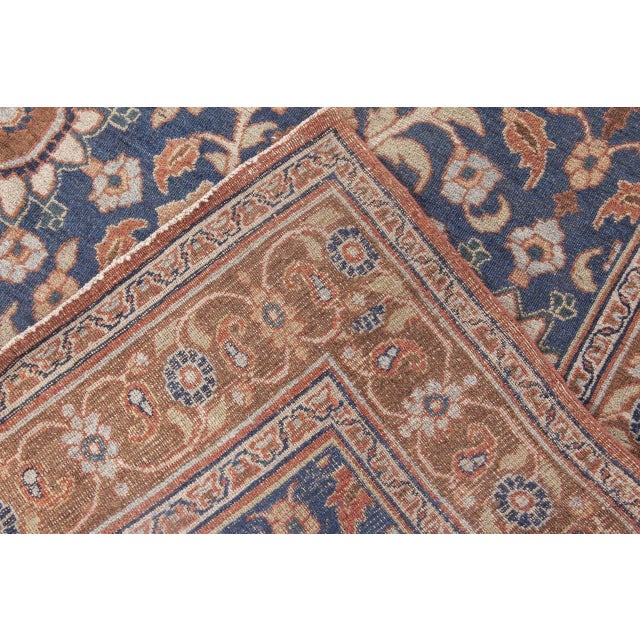 Late 19th Century 19th Century Botanic Persian Meshad Caramel and Navy Blue Handwoven Wool Rug For Sale - Image 5 of 5