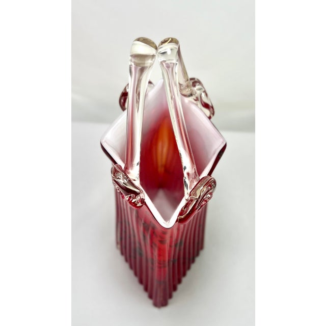 Vintage Murano Style Ruby Red Art Glass Purse Vase With Clear Handle & Aventurine Flecks For Sale - Image 9 of 12