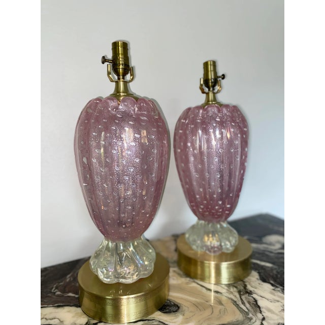 Murano Vintage 1950s Venetian Glass Murano Ballerina Lamps in Pink With Brass Accents - a Pair For Sale - Image 4 of 13