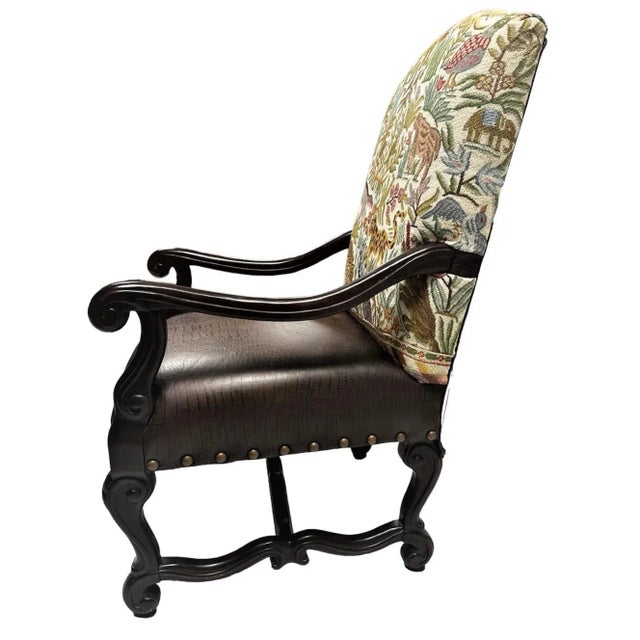 Hacienda Chair Upholstered With Jungle Animals Tapestry and Embossed Cowskin For Sale - Image 4 of 12