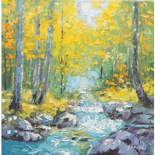 Original Oil Landscape, Rushing Torrent in the Autumn Woods For Sale