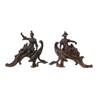 Pair of Louis XV Style Patinated Bronze Figural Andirons For Sale