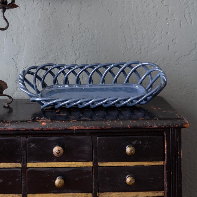 Ceramic 1970s Farmhouse Open Lattice Blue Ceramic Oval Bread Baguette Basket or Fruit Bowl For Sale - Image 7 of 10