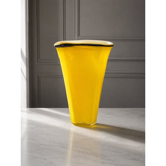 This breathtaking, large-scale Murano art glass vase immediately captivates the eye with its vibrant, sun-drenched yellow...