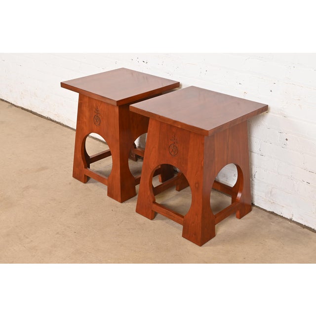 Roycroft Arts & Crafts Cherry Wood Tabourets by Stickley, Pair For Sale - Image 10 of 10