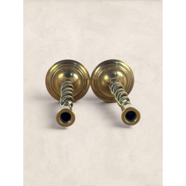Antique English Pair of Large Brass Twist Candlesticks For Sale - Image 4 of 7