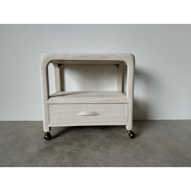 Mid-Century Modern Vintage Coastal Palm Beach - Style Pencil Reed Rattan Rolling Nightstand For Sale - Image 3 of 11
