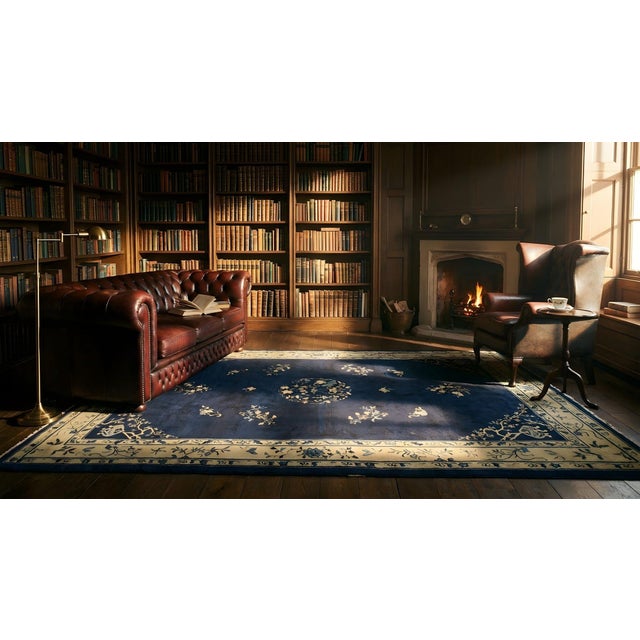 Gorgeous Navy Background Color and Beige Border With Floral-Medallion Design Antique Chinese Peking Rug For Sale - Image 12 of 12
