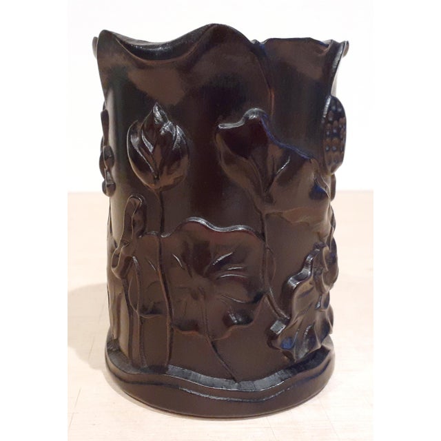 Chinese Zitan lotus flower bitong, a finely formed brush pot of a dense and heavy, dark hardwood, of a deep, warm black...