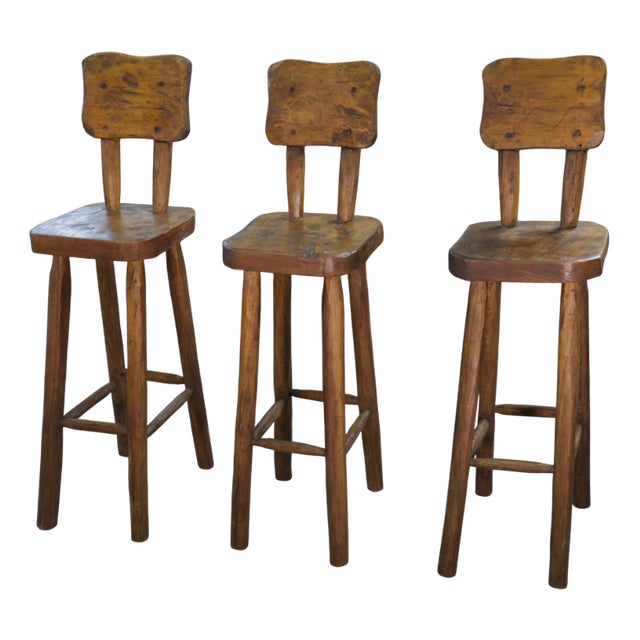 Brutalist High Stools in Elm, 1960s, Set of 3 For Sale