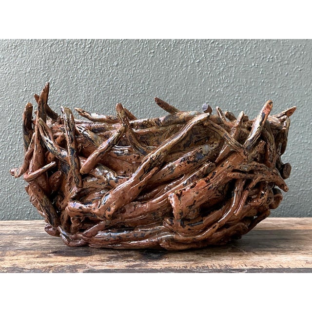 Vintage Rustic Brown Ceramic Twig Bowl For Sale - Image 10 of 13