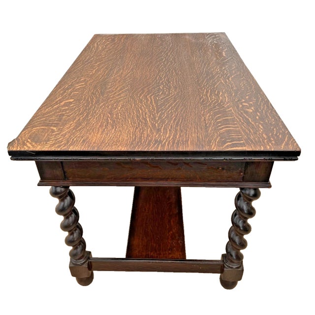 Brown Antique Barley-Twist Tiger Oak Library Desk Writing Table Jacobean Revival Shelf For Sale - Image 8 of 13