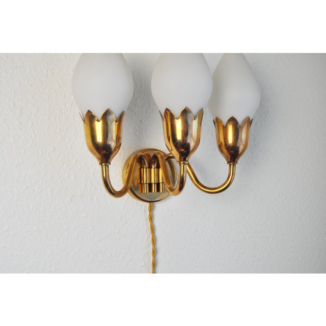 Three-Arm Brass and Opaline Glass Tulip Wall Lamp from Fog & Mørup, 1950s For Sale - Image 3 of 8