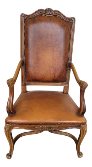 French Louis XV Style Carved Walnut and Patinated Leather Armchair, 1920s