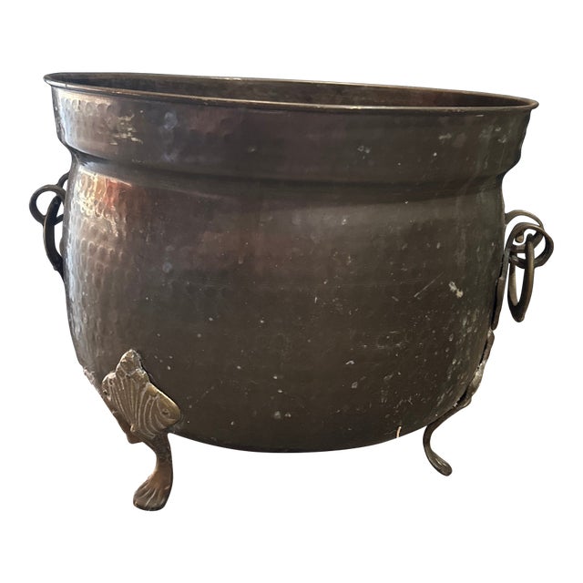 1970s Footed Brass Round Planter With Decorative Handles For Sale