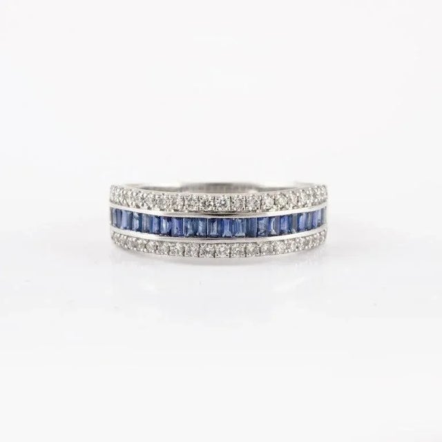 Art Deco Natural Blue Sapphire Diamond Wedding Band Crafted in 18k Gold Size 7 For Sale - Image 3 of 13