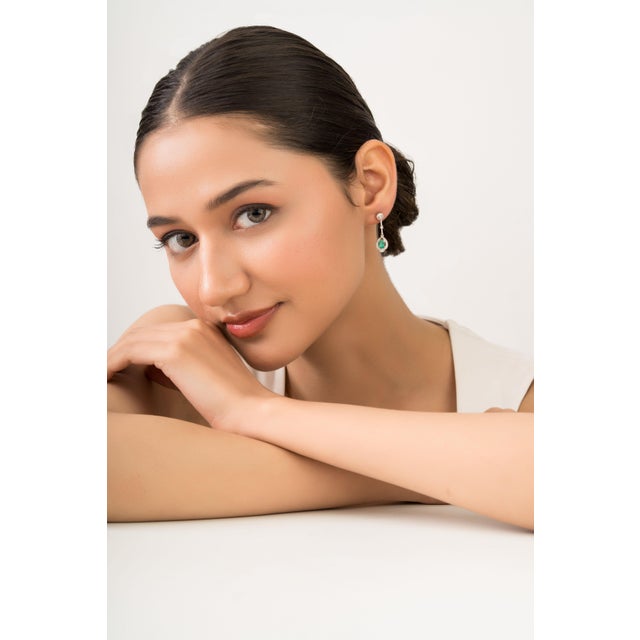 Geometric Style Oval Emerald & Diamond Halo Drop Earrings in 14k Yellow Gold- A Pair For Sale - Image 10 of 13