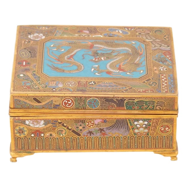 Fine Meiji Period Japanese Cloisonne Enamel Box With Dragon Trinket Box For Sale