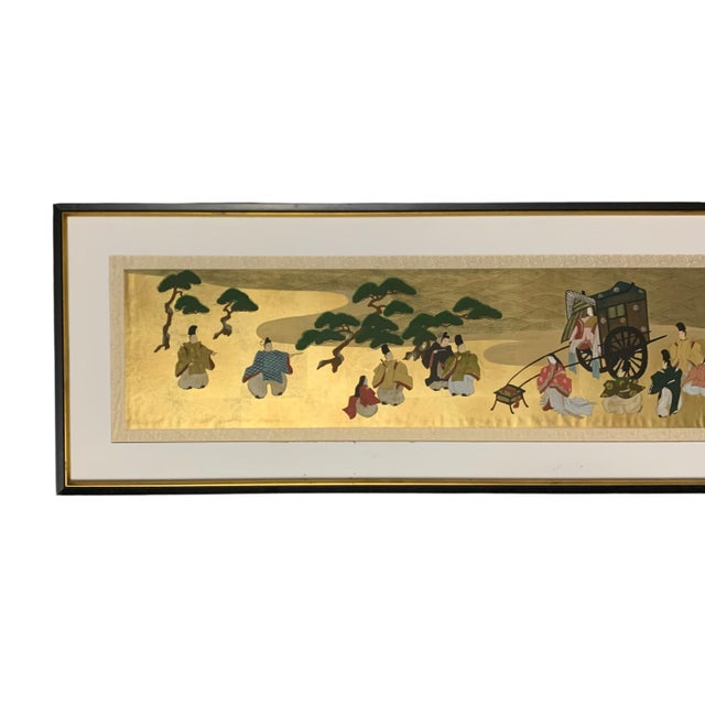 Late 20th Century Gold Leaf Painting Large Panoramic Japanese Imperial Court Scene Vintage Art For Sale - Image 4 of 6