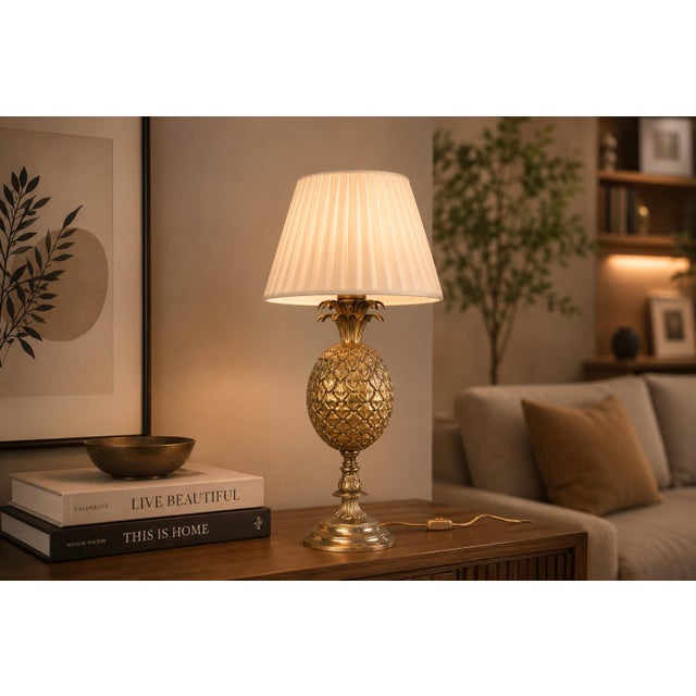 Decorative pineapple table lamp dating to circa the 1950s, made from gold-toned metal. The fruit-shaped body has a raised...