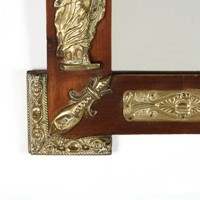 1800s Antique Continental Repousse Brass Mount Pine Mirror For Sale - Image 4 of 5
