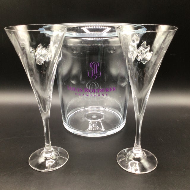 Here is a lucite knob handle Louis Roederre champagne cooler and two Made in Sweden Orrefors champagne toasting flutes....