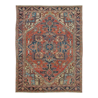 Antique Persian Heriz Rug With Geometric Medallion in Red & Blue - Rug & Kilim For Sale