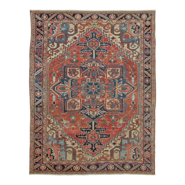 Antique Persian Heriz Rug With Geometric Medallion in Red & Blue - Rug & Kilim For Sale