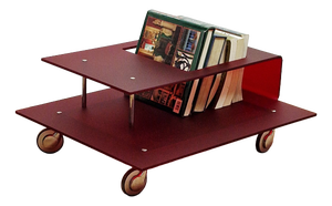 Italian Coffee Table in Burgundy Acrylic Glass and Chrome Wheels, 1990s