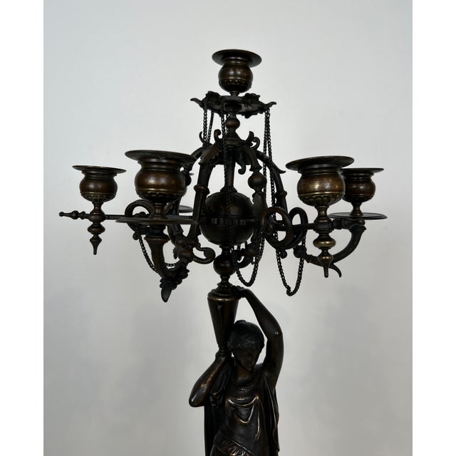 Pair of large patinated bronze candelabras representing caryatids For Sale - Image 4 of 12