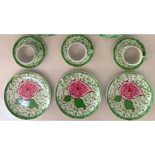 Contemporary Gloria Vanderbilt's Green and Pink Rose Dinnerware for Taste Setter by Sigma-Set of 12 For Sale - Image 3 of 7